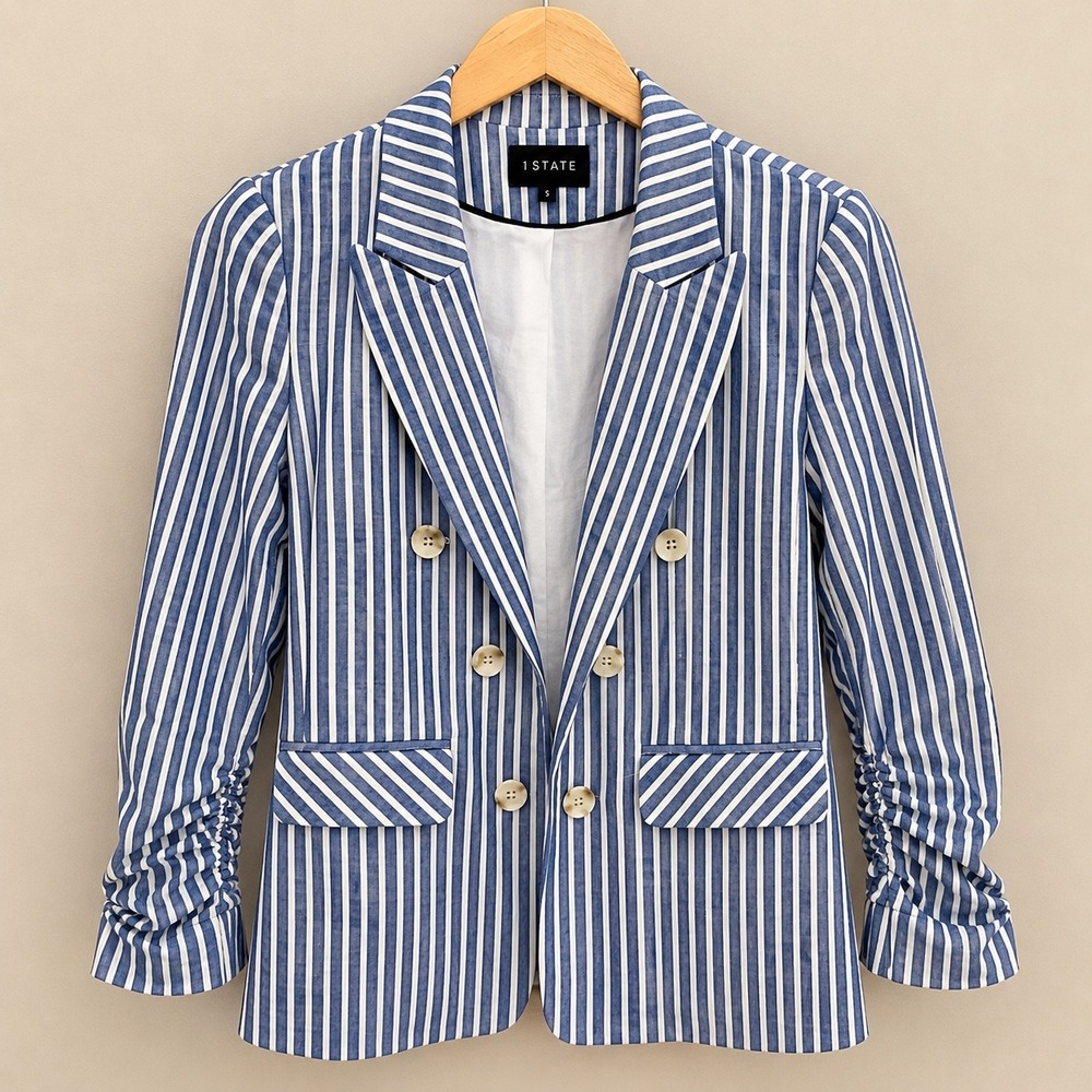 1.STATE Blue White Striped Ruched Sleeve Blazer Size S Quiet Luxury Old Money